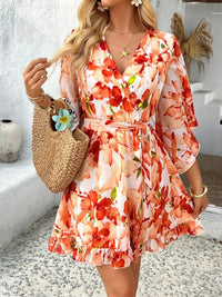 Devine Printed Surplice Ruffled 3/4 Sleeve Mini Dress
