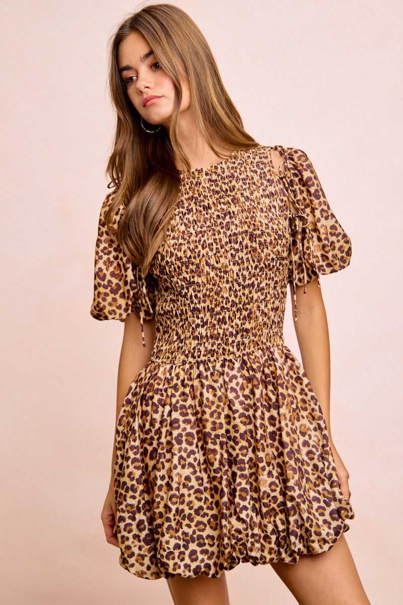 BiBi Leopard Bow Tie Attachable Puff Sleeves Dress 100100826881615 62 Affordable Fashion Under $100 Jerry's Apparel 