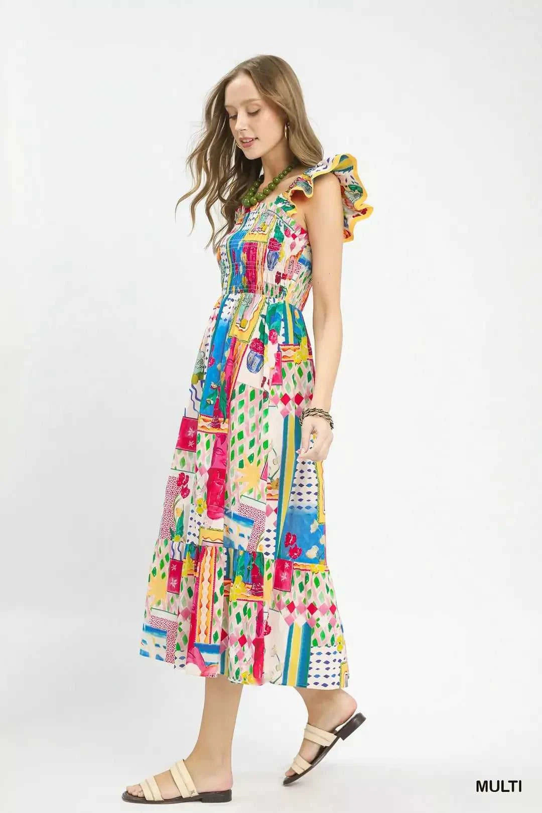Umgee Abstract Print Smocked Ruffle Sleeve Tiered Midi Dress 100100818101442 66 Affordable Fashion Under $100 Jerry's Apparel 