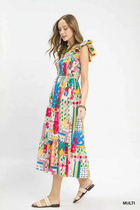 Umgee Abstract Print Smocked Ruffle Sleeve Tiered Midi Dress 100100818101442 66 Affordable Fashion Under $100 Jerry's Apparel 
