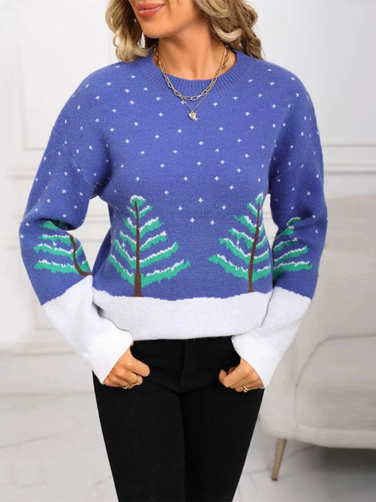 Tree Pattern Round Neck Sweater 100100194825917 46 Affordable Fashion Under $100 Jerry's Apparel 