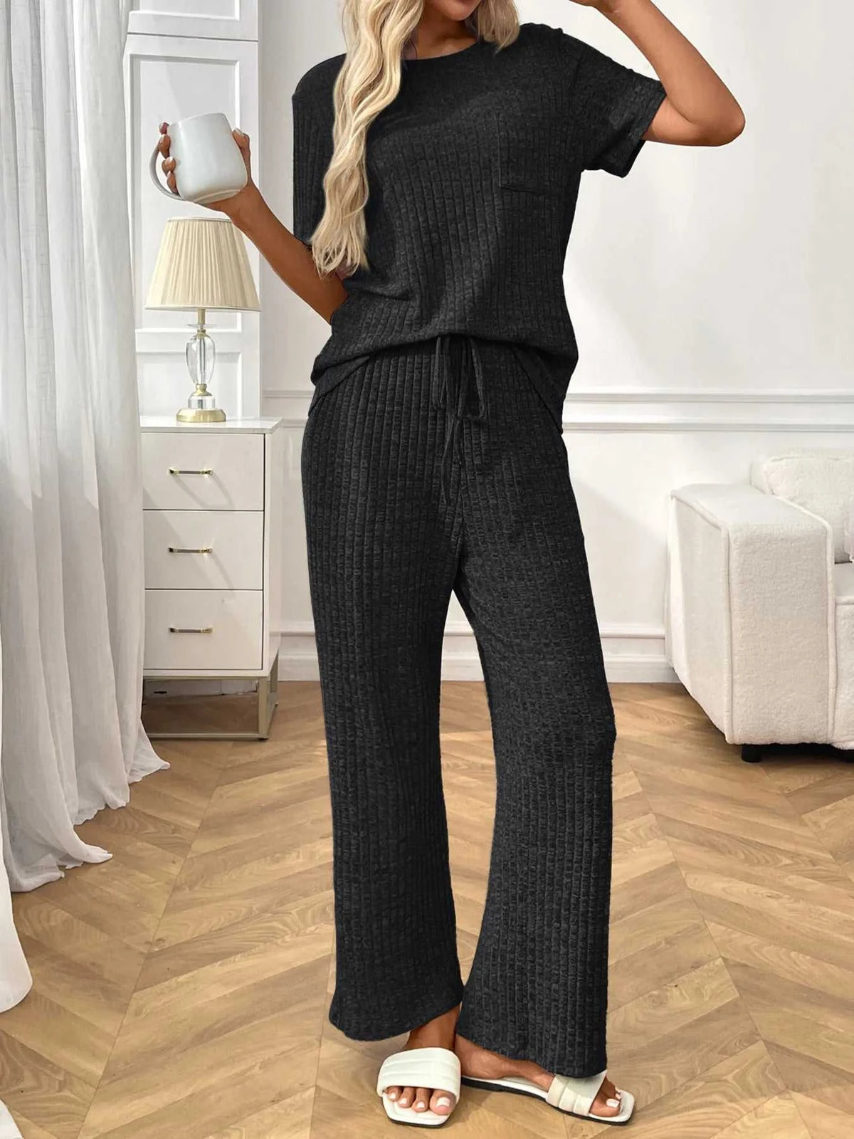 Ribbed Knit Short Sleeve Top and Pants Lounge Set 100100838010625 40 Affordable Fashion Under $100 Jerry's Apparel 