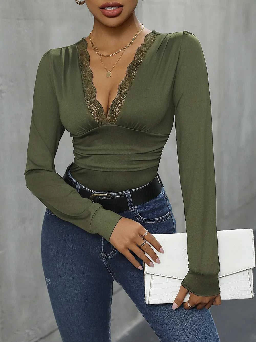 Perfee Lace Detail Plunge Long Sleeve Bodysuit 100100229596543 27 Affordable Fashion Under $100 Jerry's Apparel 