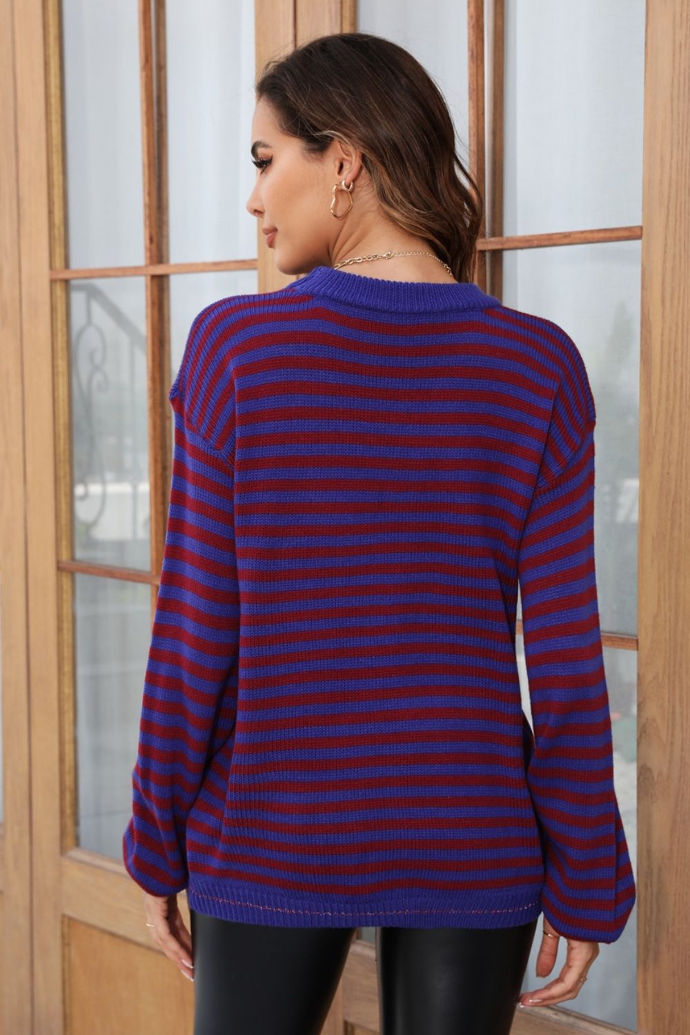 Angel Wings Striped Round Neck Dropped Shoulder Sweater