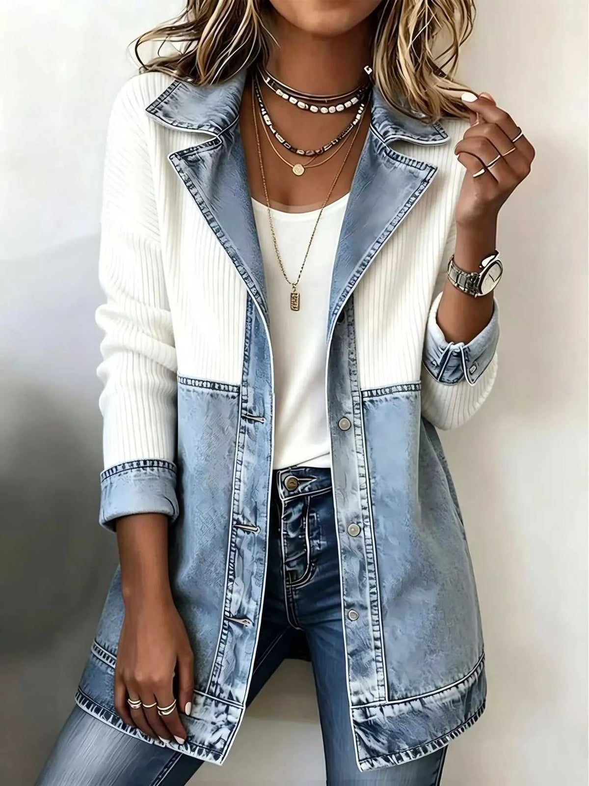 Color-Block Denim and Knit Patchwork Casual Jacket 101003714715332 52 Affordable Fashion Under $100 Jerry's Apparel 