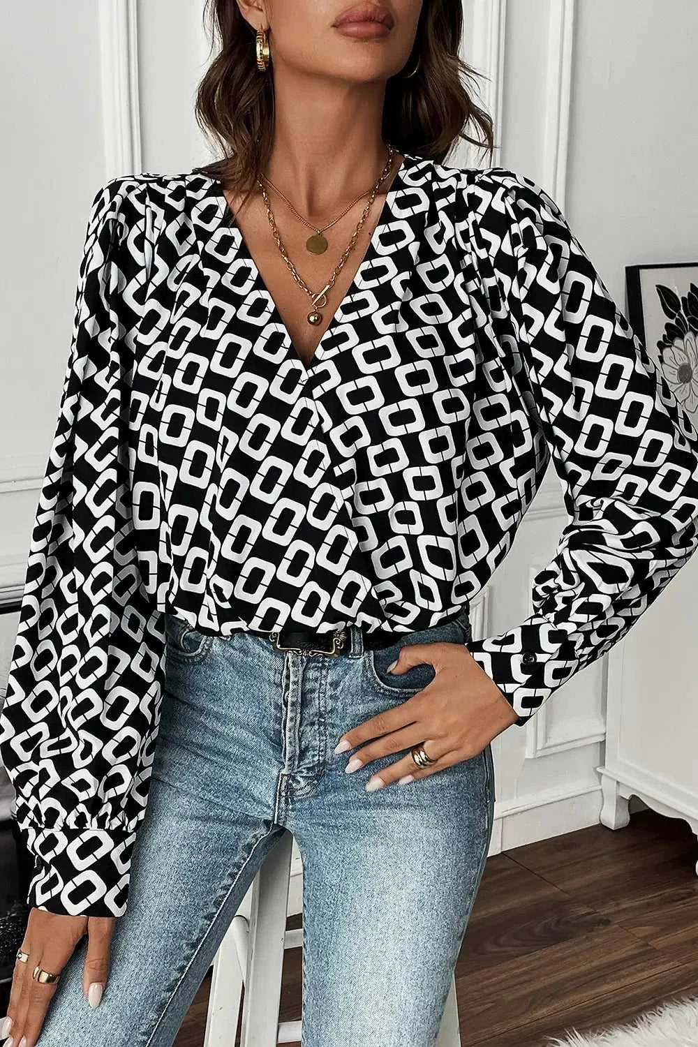 Perfee Geometric V-Neck Long Sleeve Blouse 100101658501768 32 Affordable Fashion Under $100 Jerry's Apparel 