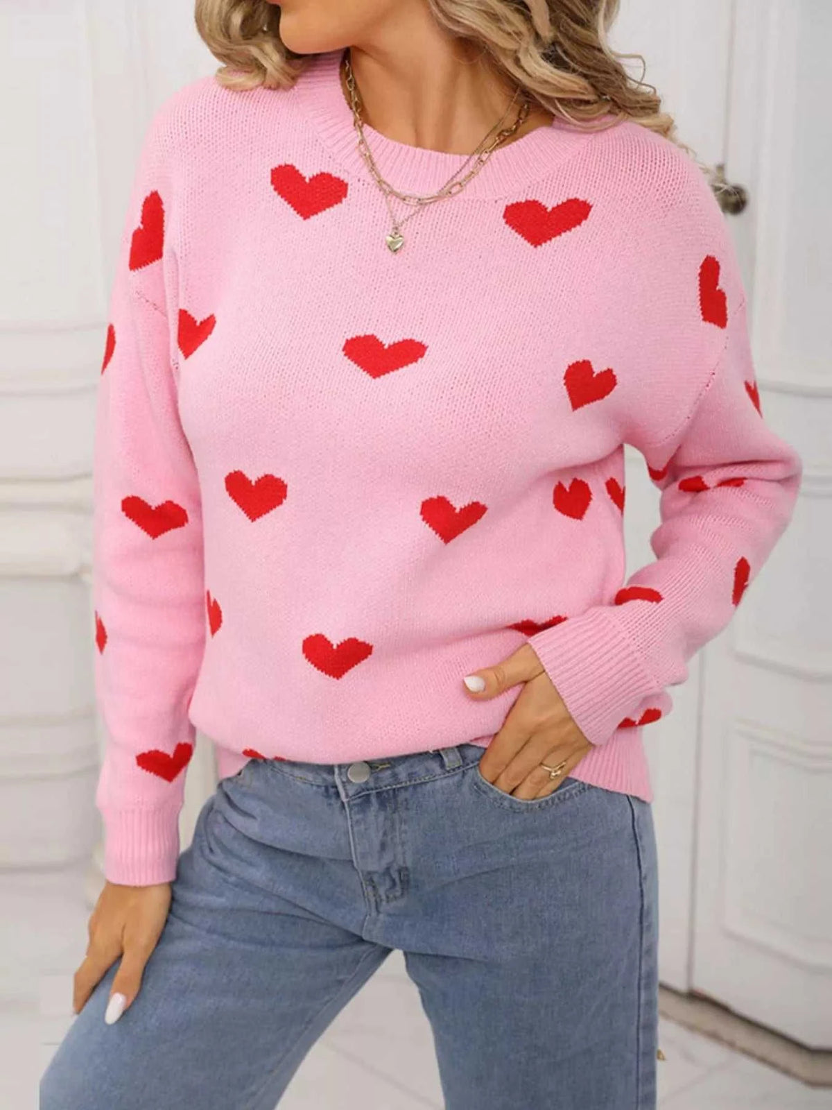 Valentine's Day Heart Pattern Dropped Shoulder Sweater 100100193932322 48 Affordable Fashion Under $100 Jerry's Apparel 