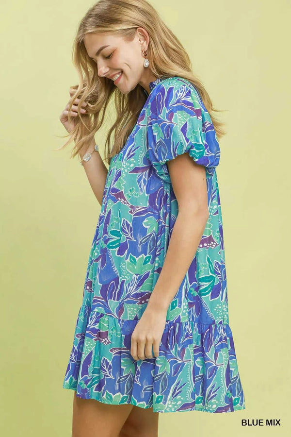 Umgee Tropical Floral Puff Sleeve Tiered Mini Dress 100100673611757 64 Affordable Fashion Under $100 Jerry's Apparel 