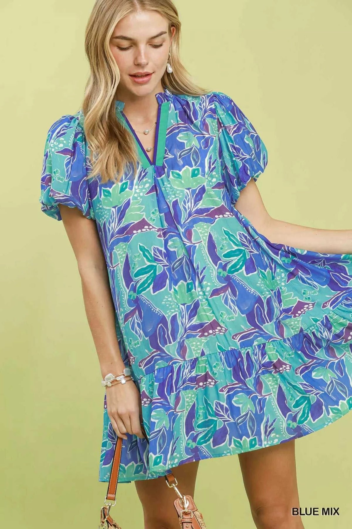 Umgee Tropical Floral Puff Sleeve Tiered Mini Dress 100100673611757 64 Affordable Fashion Under $100 Jerry's Apparel 