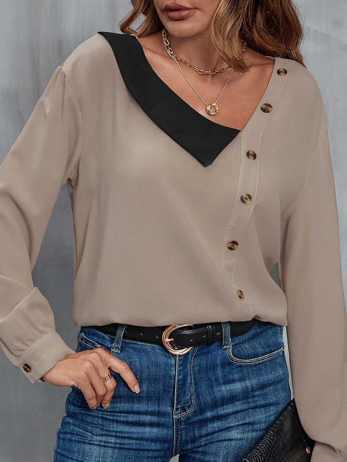 Perfee Asymmetrical Neck Buttoned Long Sleeve Top 100101950012234 37 Affordable Fashion Under $100 Jerry's Apparel 