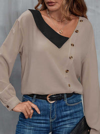 Perfee Asymmetrical Neck Buttoned Long Sleeve Top 100101950012234 37 Affordable Fashion Under $100 Jerry's Apparel 