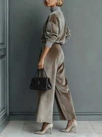 Full Size Elegant Velvet Mock Neck Long Sleeve Top and Wide-Leg Pants Set Plus Size 101001603377263 63 Women's Pants Set Gifts for Her Jerry's Apparel 