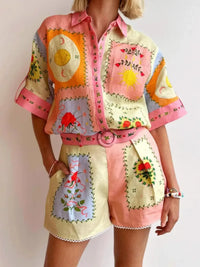 Printed Button Down Shirt and Shorts Set
