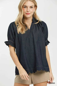 Umgee Chambray Puff Sleeve Scallop Hem Blouse 100100091881532 53 Affordable Fashion Under $100 Jerry's Apparel 