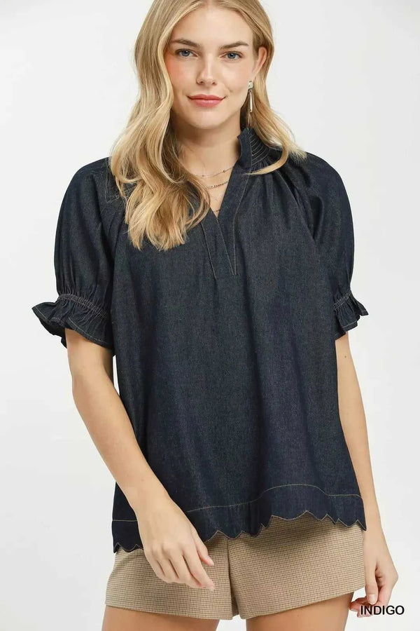 Umgee Chambray Puff Sleeve Scallop Hem Blouse 100100091881532 53 Affordable Fashion Under $100 Jerry's Apparel 