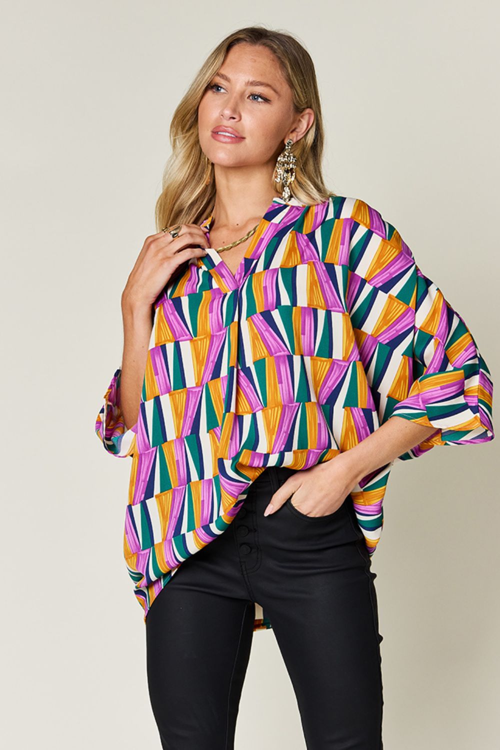 Full Size Geometric Notched Raglan Sleeve Blouse