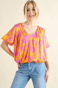 Full Size Printed Satin Bubble Hem Top