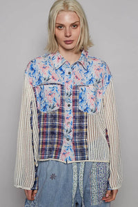 POL Floral Slit Back Plaid Patchwork Shirt