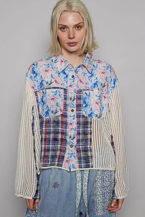 POL Floral Slit Back Plaid Patchwork Shirt