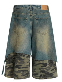 Men's Distressed Camo Patchwork Denim Shorts