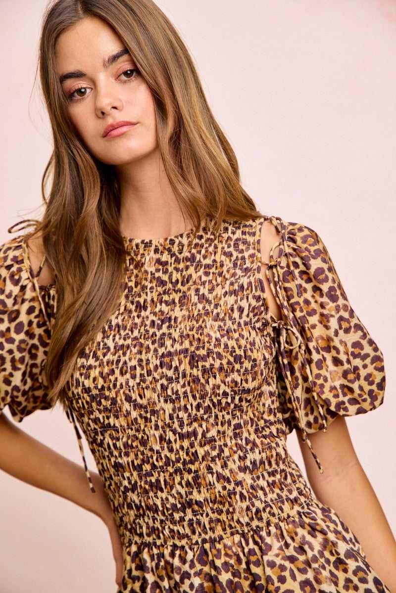 BiBi Leopard Bow Tie Attachable Puff Sleeves Dress 100100826881615 62 Affordable Fashion Under $100 Jerry's Apparel 