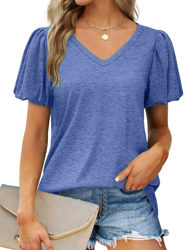 V-Neck Puff Sleeve Casual T-Shirt
