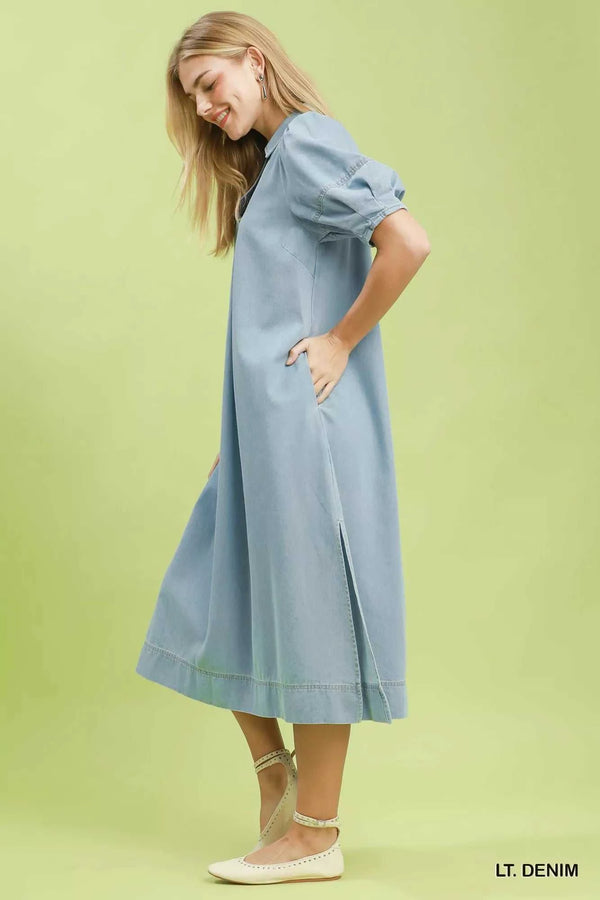 Umgee Chambray Collared Puff Sleeve Dress 100100937161574 64 Affordable Fashion Under $100 Jerry's Apparel 
