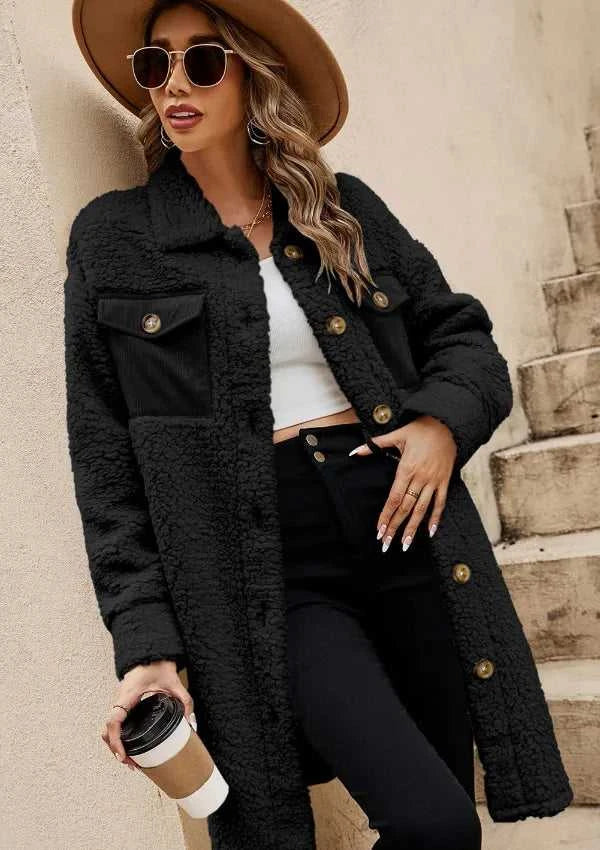 Collared Neck Long Sleeve Longline Teddy Jacket 100100830248539 60 Affordable Fashion Under $100 Jerry's Apparel 