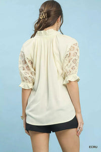 Umgee Linen V-Neck Lace Puff Sleeve Top 100100310791529 66 Affordable Fashion Under $100 Jerry's Apparel 