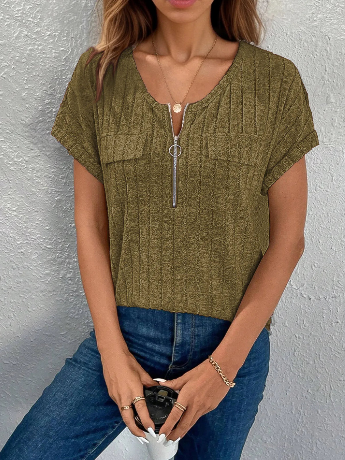Zip-Front Short Sleeve T-Shirt
