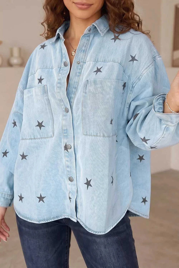 Light Wash Star Print Denim Jacket 100100919130298 84 Affordable Fashion Under $100 Jerry's Apparel 