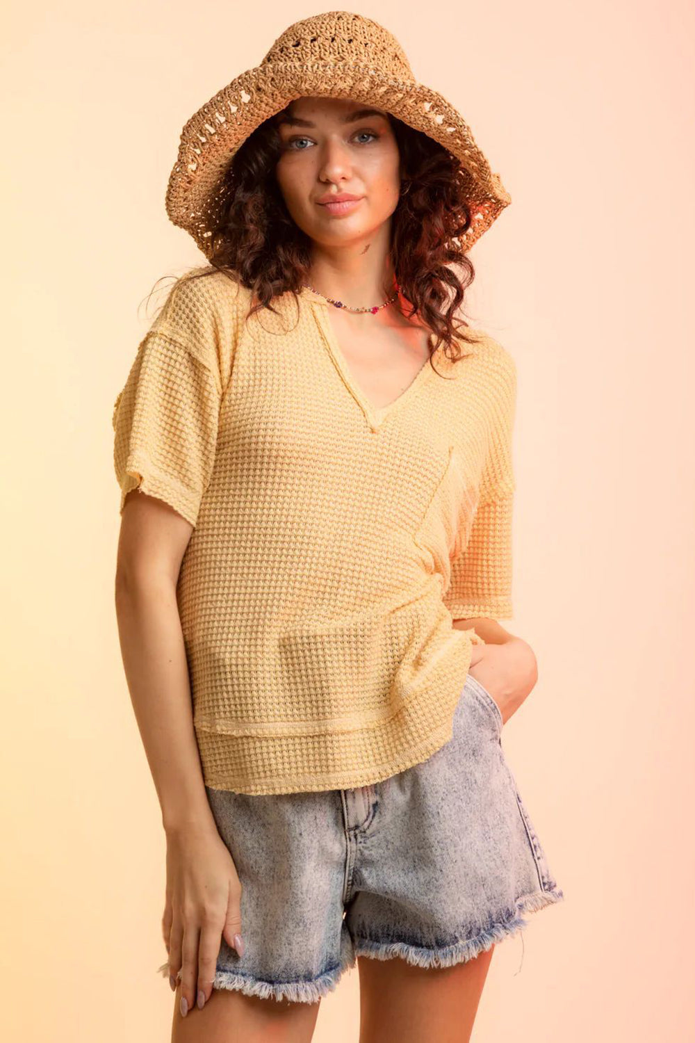 Waffle-Knit Notched Half Sleeve T-Shirt