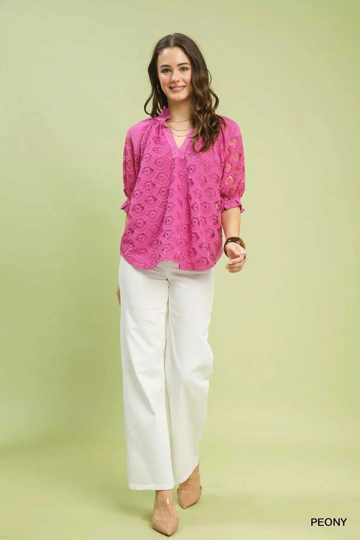 Umgee Linen V-Neck Lace Puff Sleeve Top 100100779041391 66 Affordable Fashion Under $100 Jerry's Apparel 