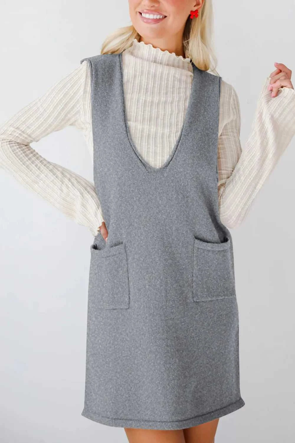 Lovelet Pocketed V-Neck Mini Sweater Overall Dress 100100741662145 42 Affordable Fashion Under $100 Jerry's Apparel 