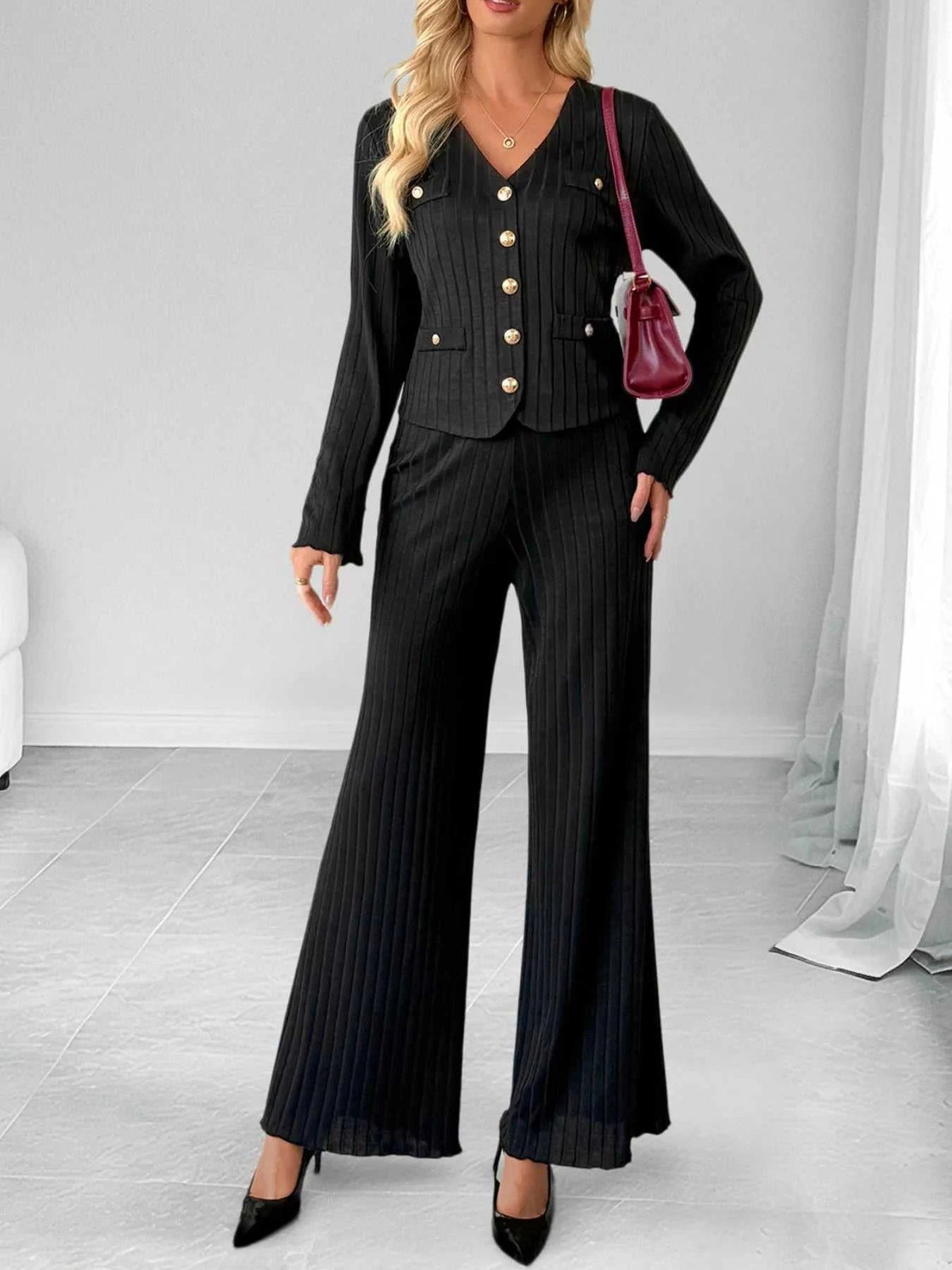 Ribbed Knit Cardigan & Wide Leg Pants Set 100100878127832 56 Affordable Fashion Under $100 Jerry's Apparel 