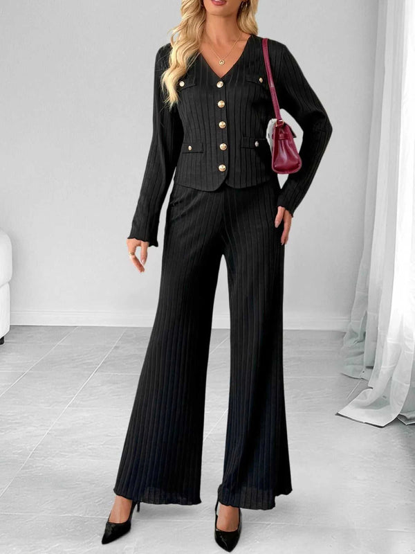 Ribbed Knit Cardigan & Wide Leg Pants Set 100100878127832 56 Affordable Fashion Under $100 Jerry's Apparel 