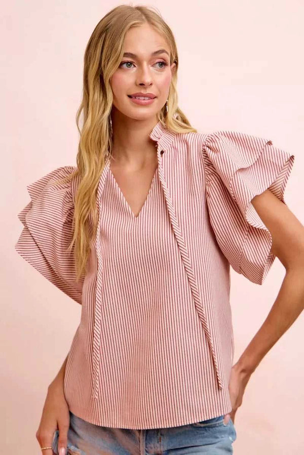 BiBi Twill Striped Ruffle Sleeve Blouse 100100858691223 51 Affordable Fashion Under $100 Jerry's Apparel 