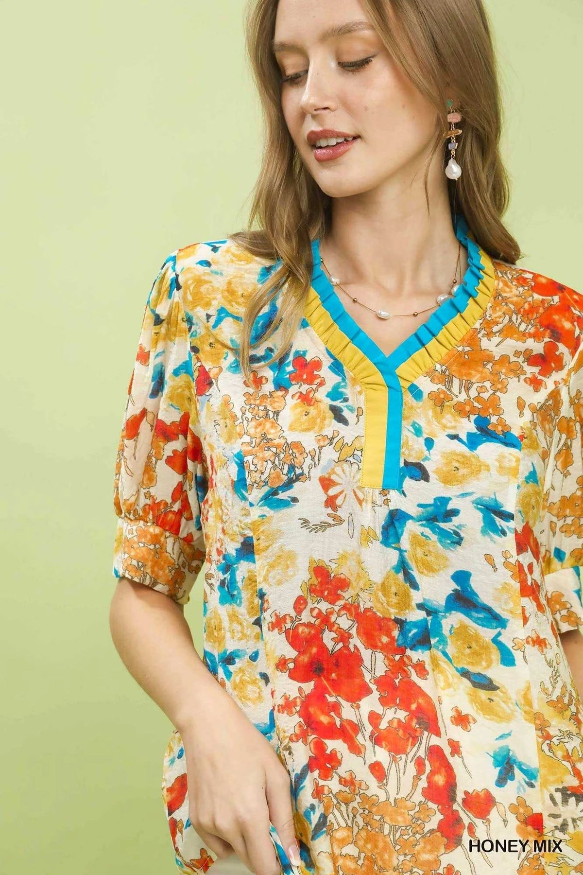 Umgee Floral Contrast Pleat Neck Top 100100333121191 47 Affordable Fashion Under $100 Jerry's Apparel 
