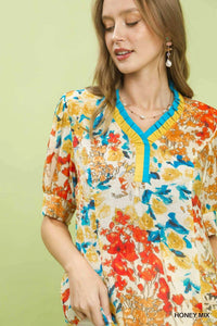 Umgee Floral Contrast Pleat Neck Top 100100333121191 47 Affordable Fashion Under $100 Jerry's Apparel 
