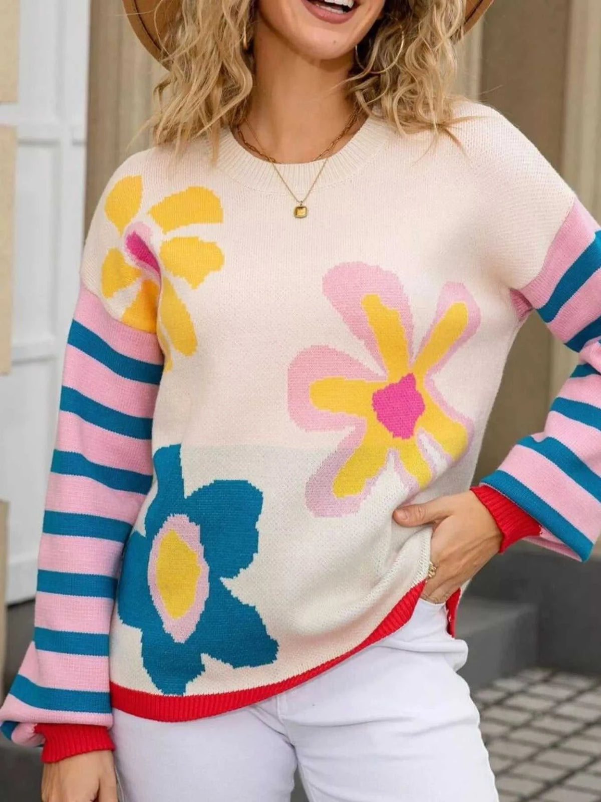 Floral Striped Crew Neck Sweater 100100282505269 51 Affordable Fashion Under $100 Jerry's Apparel 