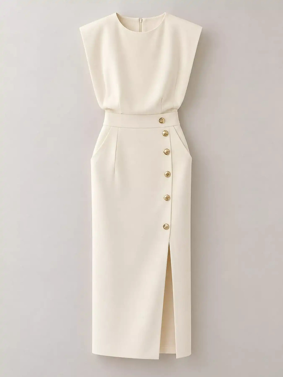Sleeveless Midi Dress with Gold Button Detail and Side Slit 101001590890082 42 Affordable Fashion Under $100 Jerry's Apparel 
