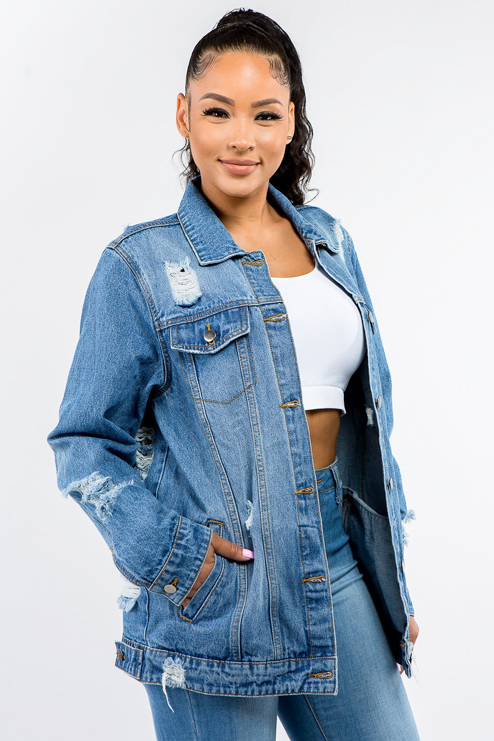 Full Size Button Up Distressed Denim Jacket