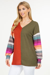 Celeste Full Size Contrast Striped V-Neck Long Sleeve Blouse