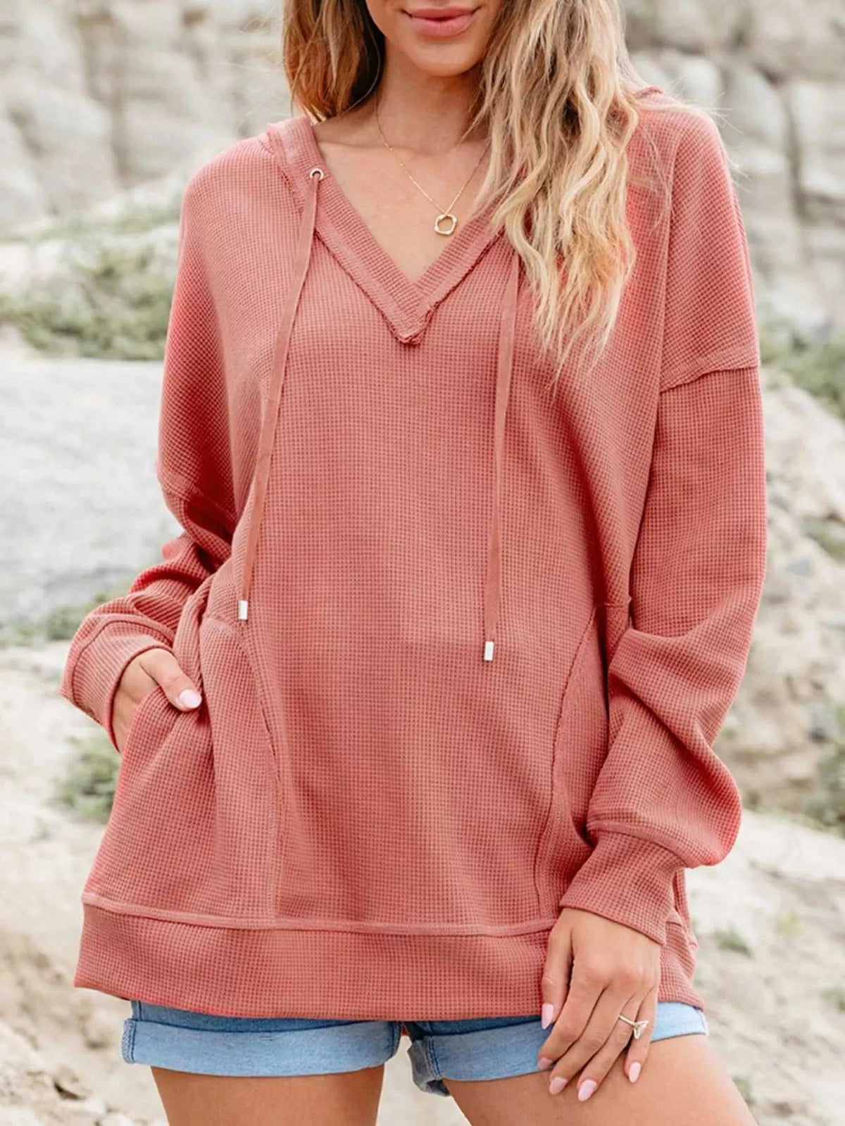 Drawstring V-Neck Waffle Knit Casual Hoodie 100100700285845 53 Affordable Fashion Under $100 Jerry's Apparel 