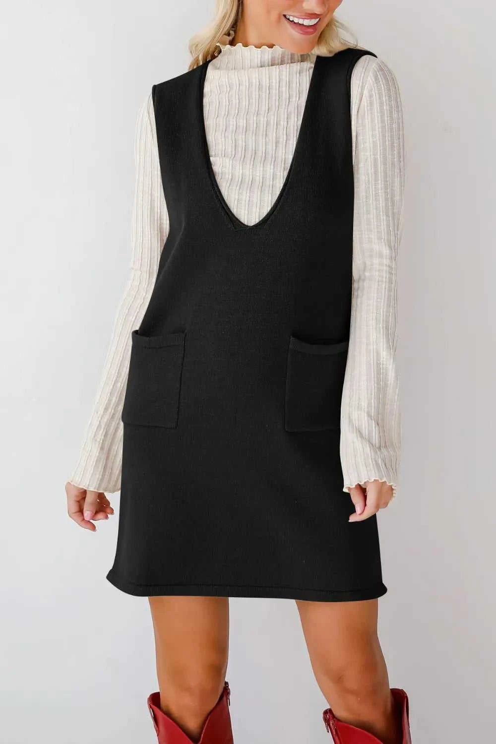Lovelet Pocketed V-Neck Mini Sweater Overall Dress 100100283761487 35 Affordable Fashion Under $100 Jerry's Apparel 