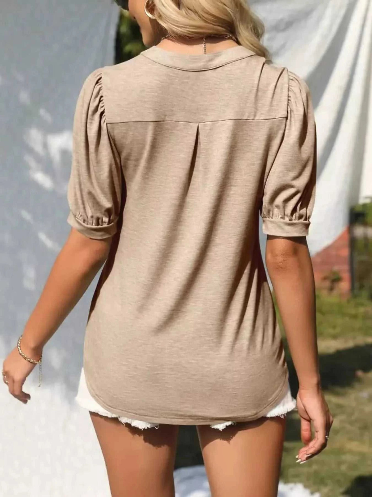 Puff Sleeve Notched Casual T-Shirt 100100978352776 23 Affordable Fashion Under $100 Jerry's Apparel 