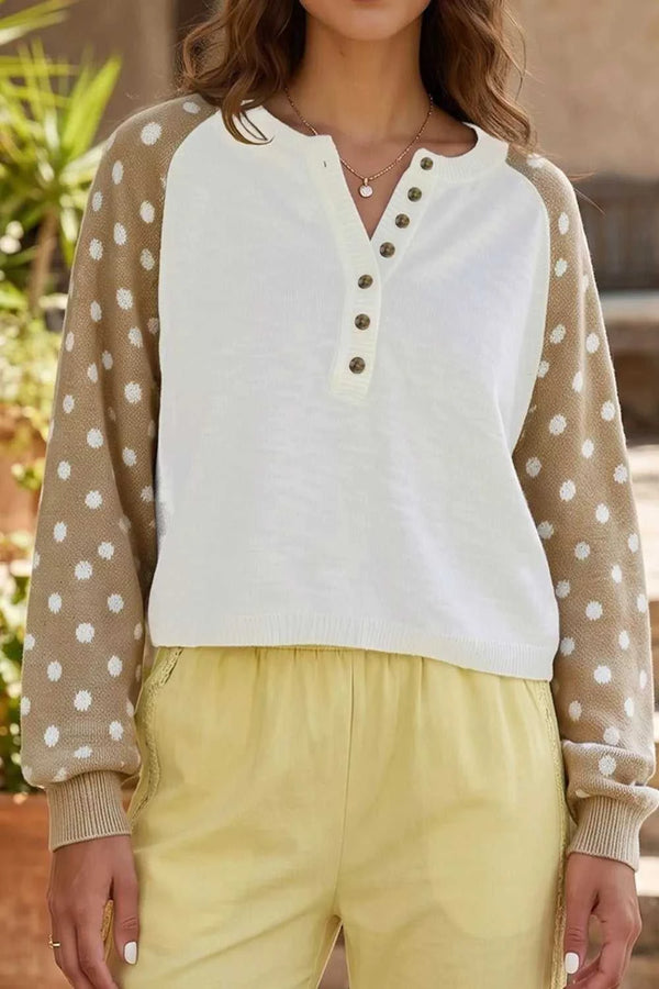 Polka Dot Contrast Long Sleeve Button V Neck Sweater 101002413925852 51 Affordable Fashion Under $100 Jerry's Apparel 