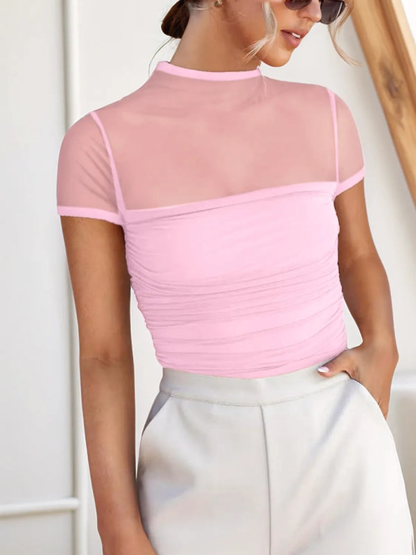 Mesh Mock Neck Short Sleeve T-Shirt