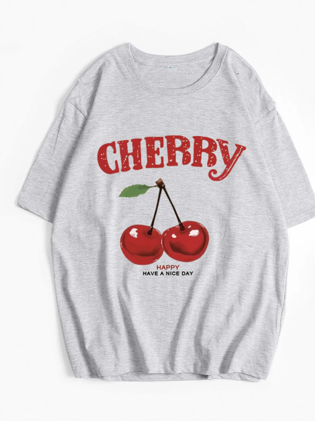 Plus Size Cherry Graphic Round Neck Short Sleeve T-Shirt