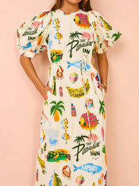 Printed Puff Sleeve Midi Dress